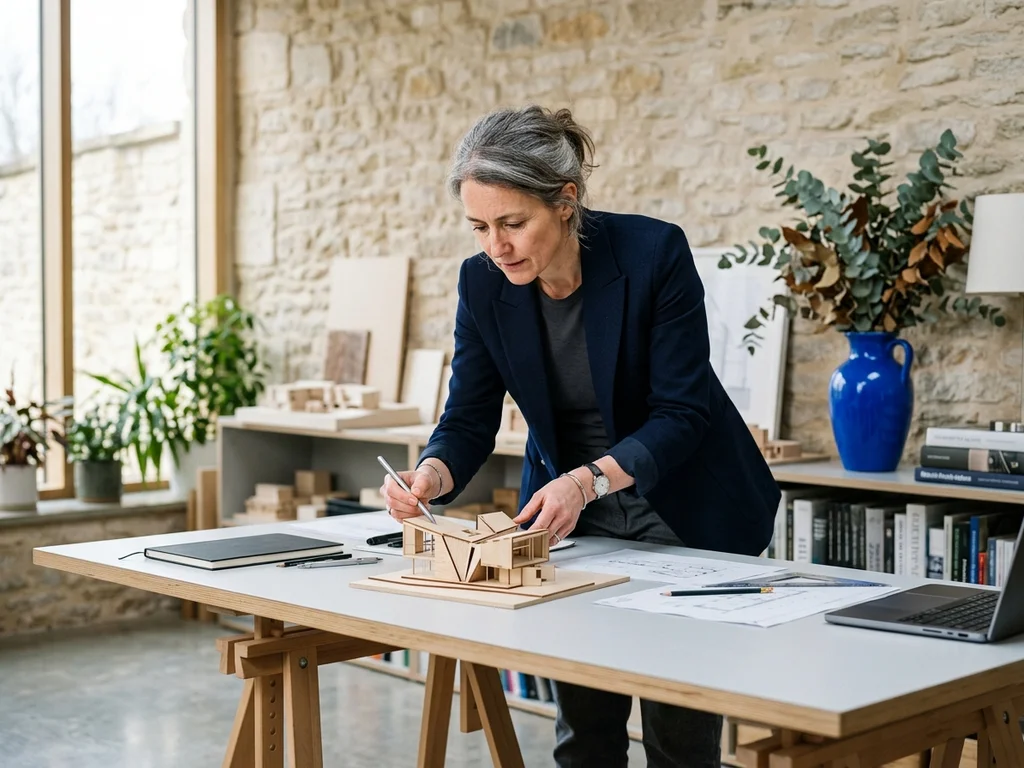 Une architecte dijonnaise analyse ses projets dans son studio, illustrant la réussite de sa visibilité locale.