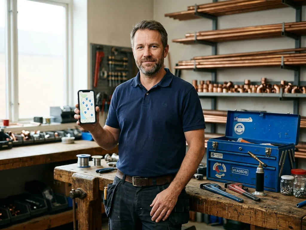 Un artisan plombier souriant montrant ses résultats de visibilité locale sur smartphone à Longvic.