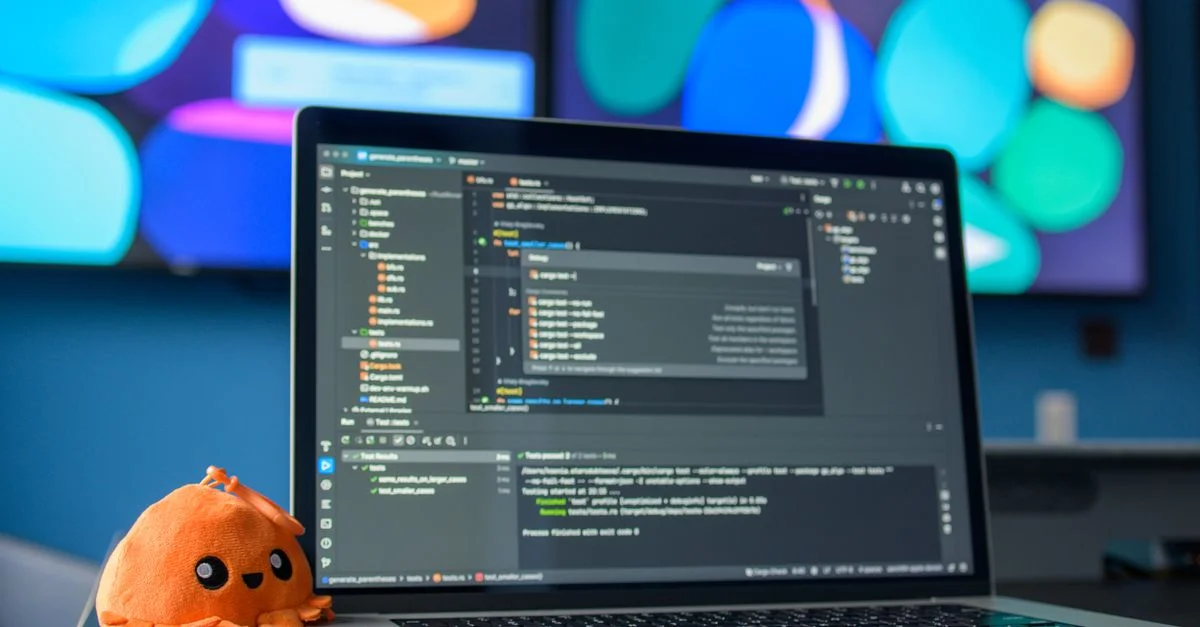 Espace de travail coloré avec un ordinateur portable, éditeur de code et écrans vibrants.