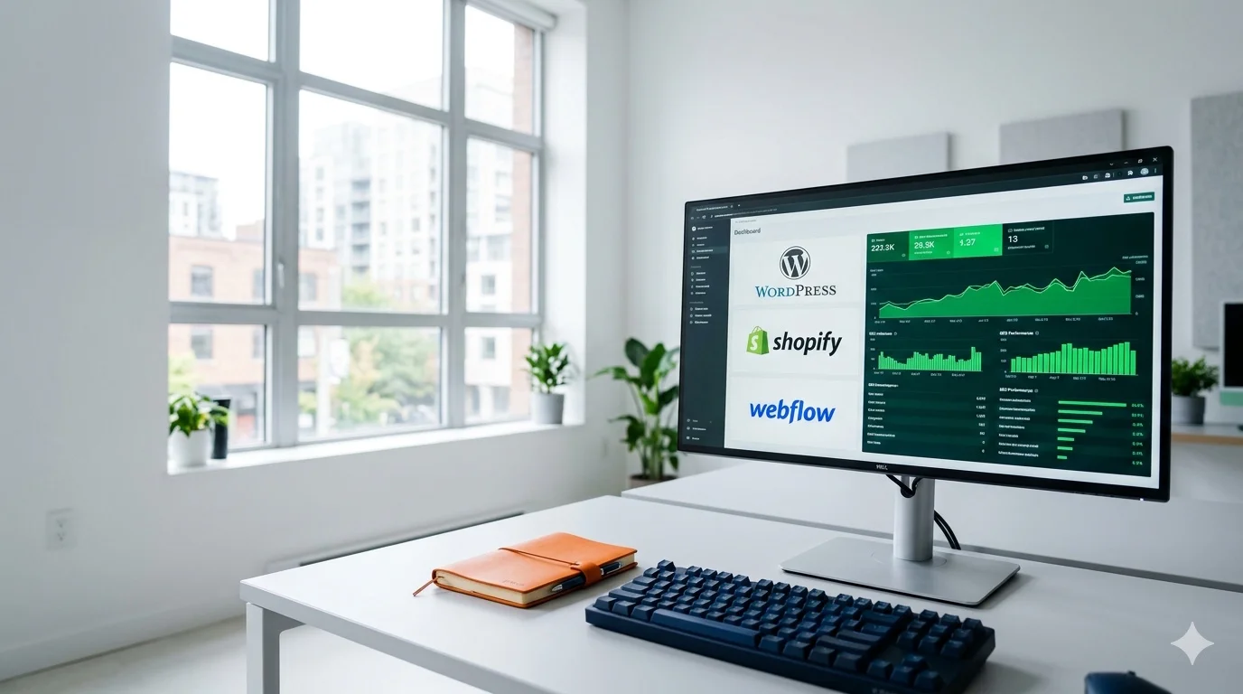 Écran affichant les logos des CMS WordPress, Shopify, Next.js et Webflow avec des indicateurs de performance technique SEO.