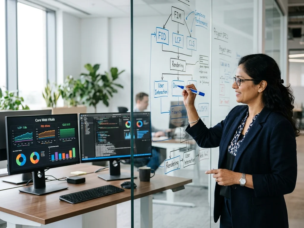 Une experte technique analyse les graphiques de performance Web Vitals pour optimiser l'audit SEO.