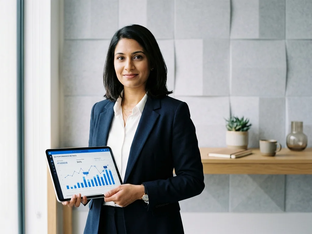 Analyste SEO présentant des données de performance sur tablette, certifiant l'expertise et la validation technique.