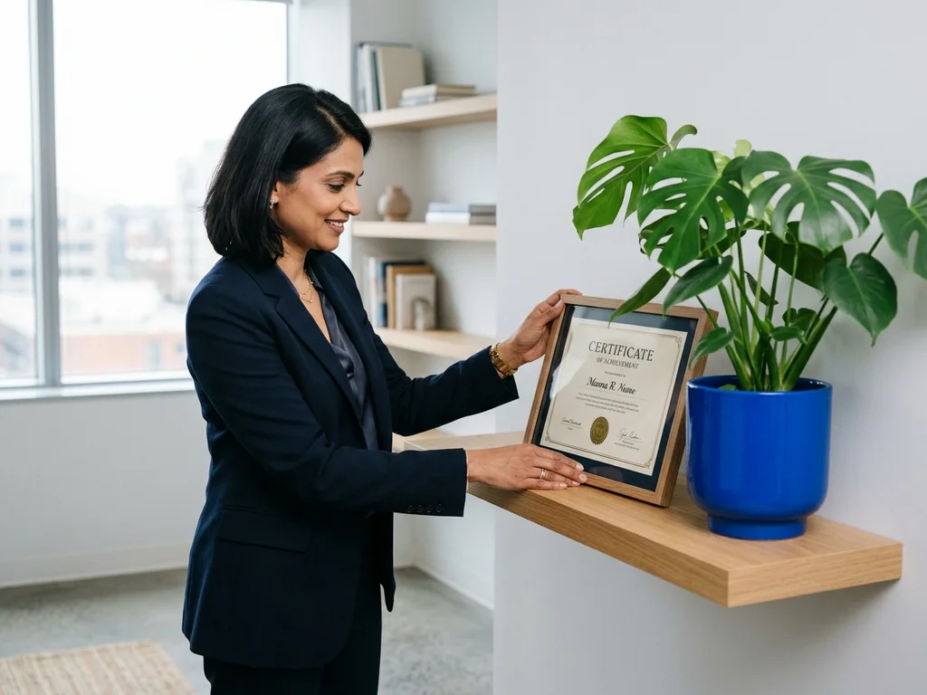 Experte SEO présentant sa certification Qualiopi sur un présentoir de bureau pour valider son expertise.