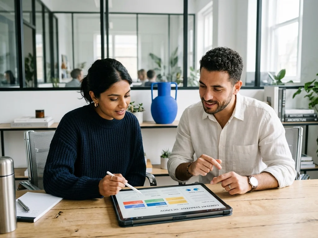 Équipe de rédacteurs planifiant une stratégie de contenu SEO pour améliorer le positionnement organique.