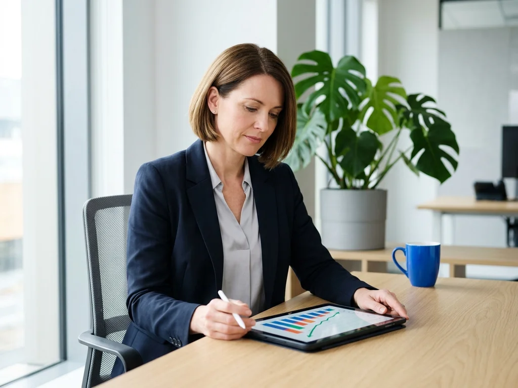 Sophie M., dirigeante de PME dijonnaise, consulte les résultats de son audit SEO personnalisé.