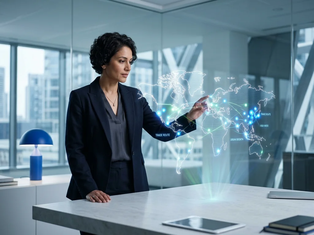 Stratégiste analysant une carte mondiale lumineuse pour illustrer l'expansion du référencement international multilingue.