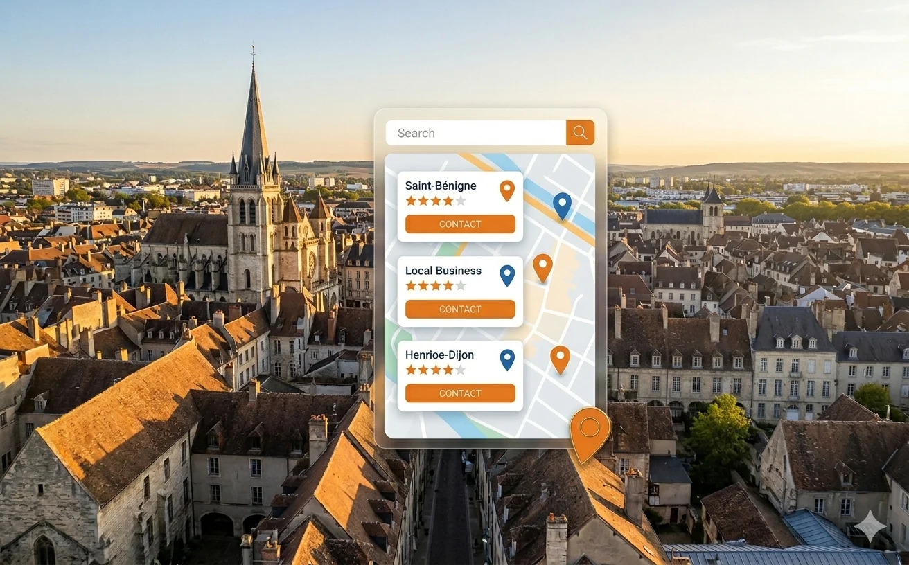 Vue de Dijon avec une superposition du Pack Local Google illustrant le référencement géolocalisé des entreprises dijonnaises.